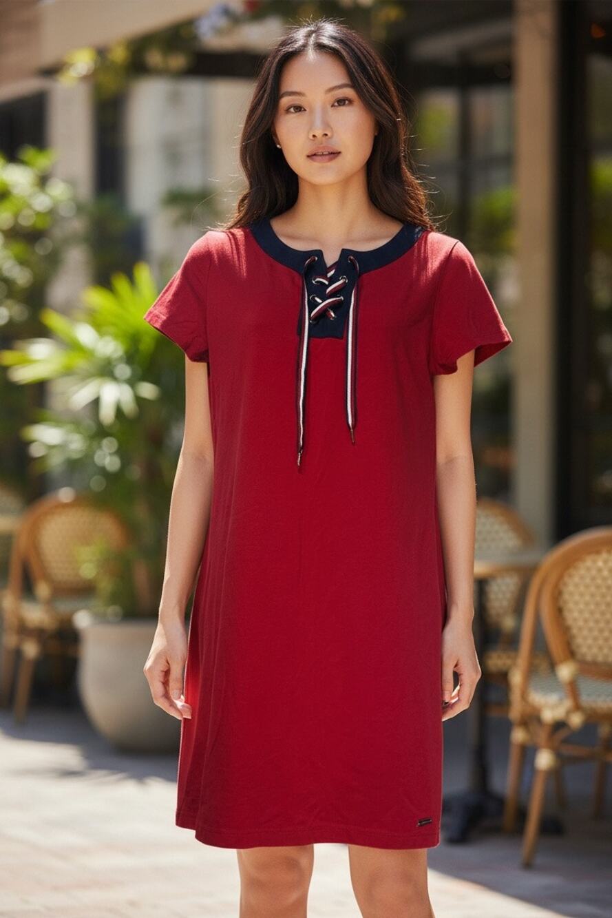 Tommy Hilfiger Lace-Up T-Shirt Dress Red Navy Short Sleeve Casual Preppy Size PM